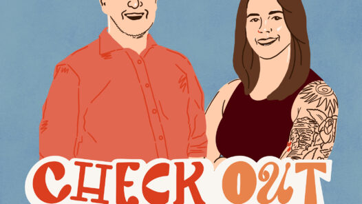 Check Out This Podcast cover art illustration of two people standing together