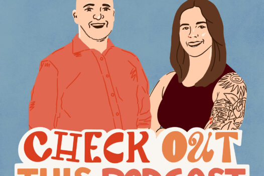 Check Out This Podcast cover art illustration of two people standing together